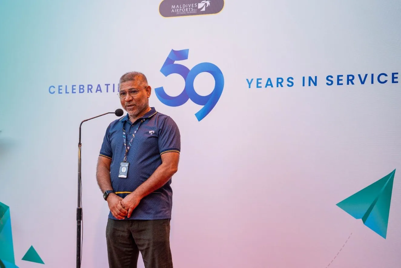 MACL's CEO and Managing Director Ibrahim Shareef addresses a flag-hoisting ceremony held to celebrate the Velana International Airport's 59th anniversary (Photo/MACL)