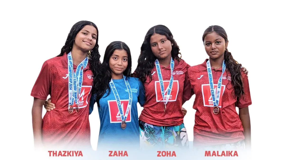 Maldives junior women's swimming team, Amna Thazkiya Mirsad, Zaha Zaidul Khaleel, Zoha Azli Naseem and Malaika Linda Imran