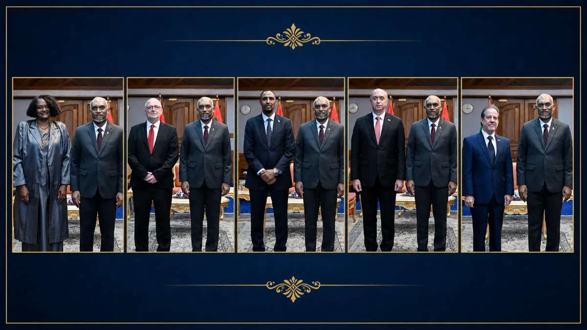 President Dr. Mohamed Muizzu and the 5 Ambassadors (From left to right; Ambassador of Ghana, Ambassador of Slovenia, Ambassador of Somalia, Ambassador of Kosovo and Ambassador of the Dominican Republic) (Photo/Voice)
