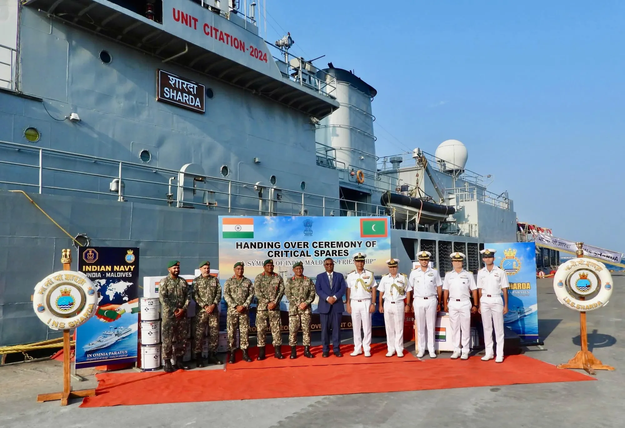 During the handover ceremony of operational spares for the Maldives National Defence Force (MNDF) Coast Guard Ship Huravee (Photo/Indian Defence Times)