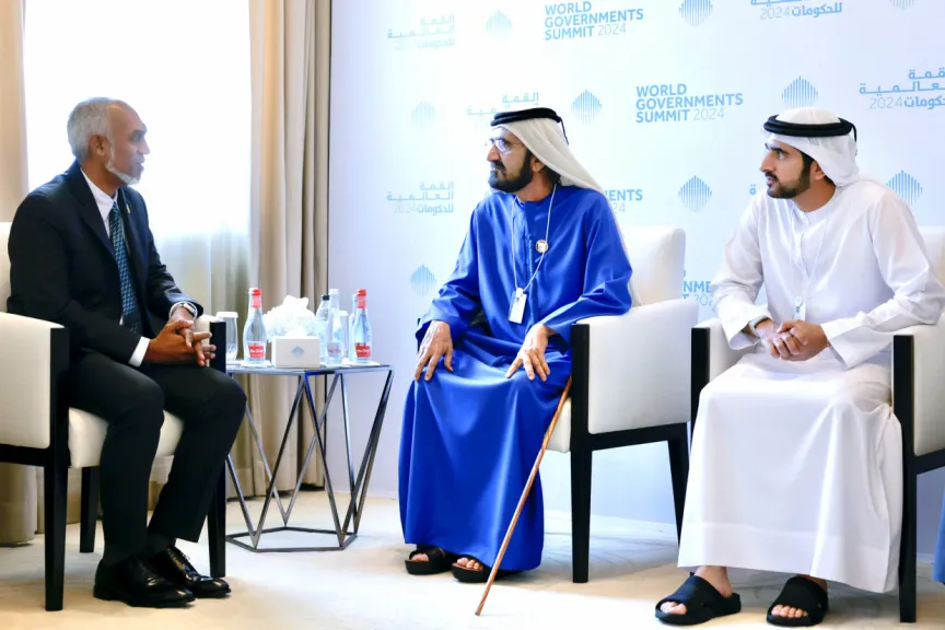 Maldivian President Dr. Mohamed Muizzu meets UAE’s Vice President, Prime Minister and Minister for Defense of the United Arab Emirates, Ruler of Dubai Sheikh Mohammed bin Rashid Al Maktoum. (Photo/President's Office)