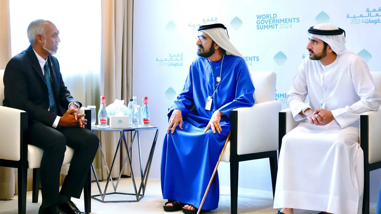 President Dr. Muizzu in a meeting with  Sheikh Mohamed bin Zayed Al Nahyan, President of the UAE, and Sheikh Mohammed bin Rashid Al Maktoum, Vice President, Prime Minister, Minister of Defence, and Ruler of Dubai (Photo/President's Office)