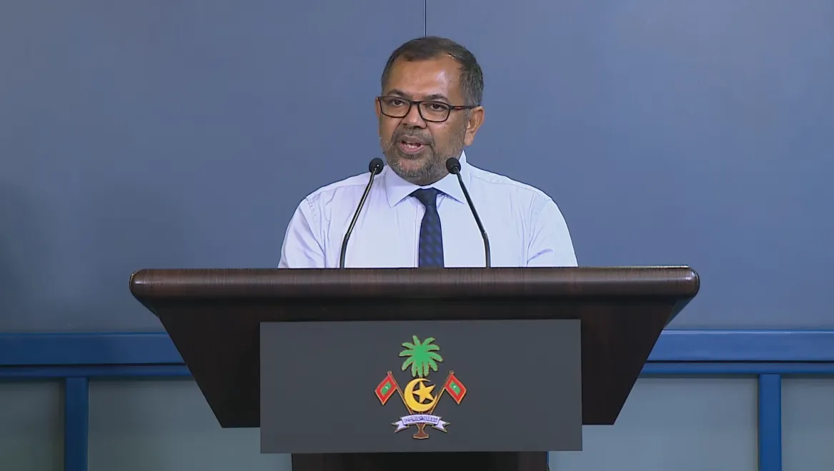 Minister of Foreign Affairs Moosa Zameer speaking at today's press conference