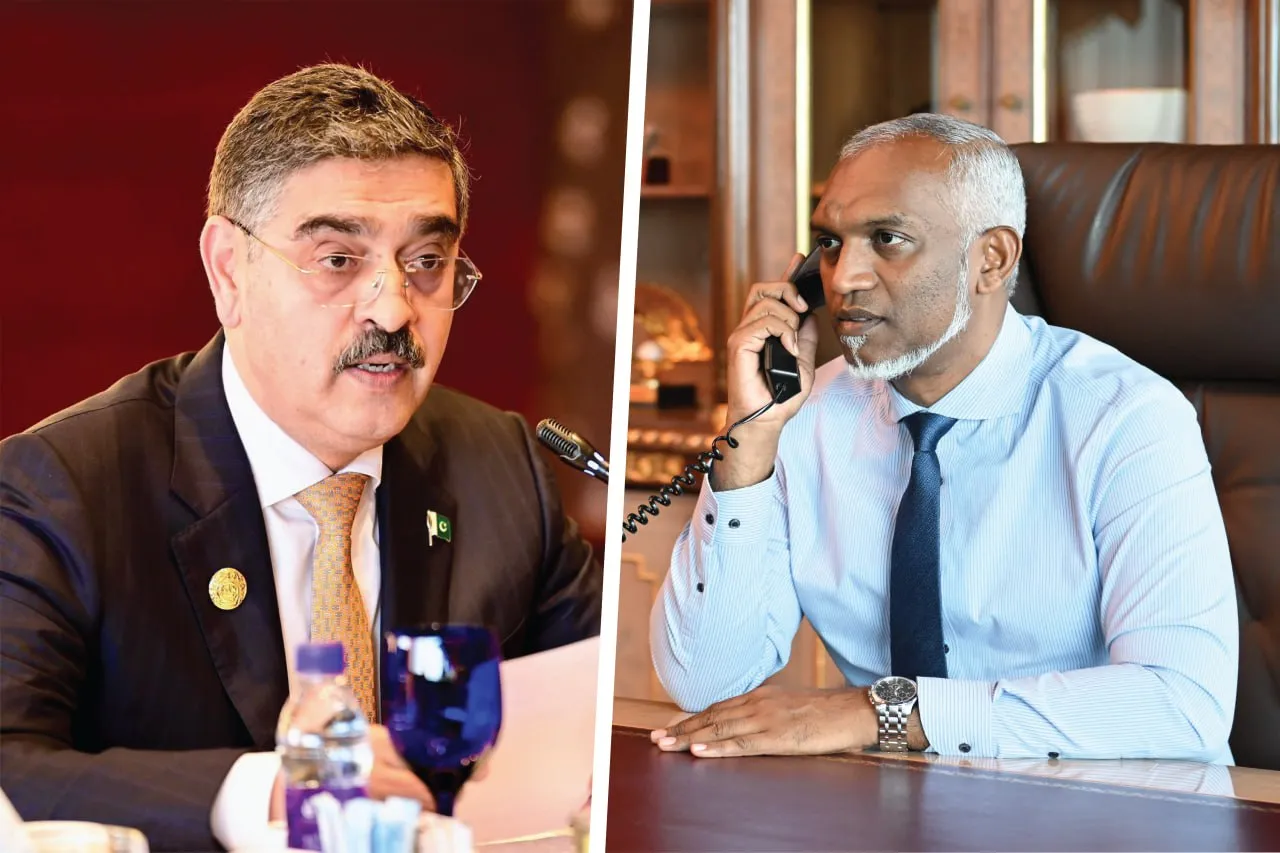 ރައީސް ޑރ. މުހައްމަދު މުއިއްޒާއި ޕާކިސްތާނުގެ ބޮޑު ވަޒީރު އަންވާރުލް ޙައްޤު ކަކަރް-- ފޮޓޯ: ރައީސް އޮފީސް