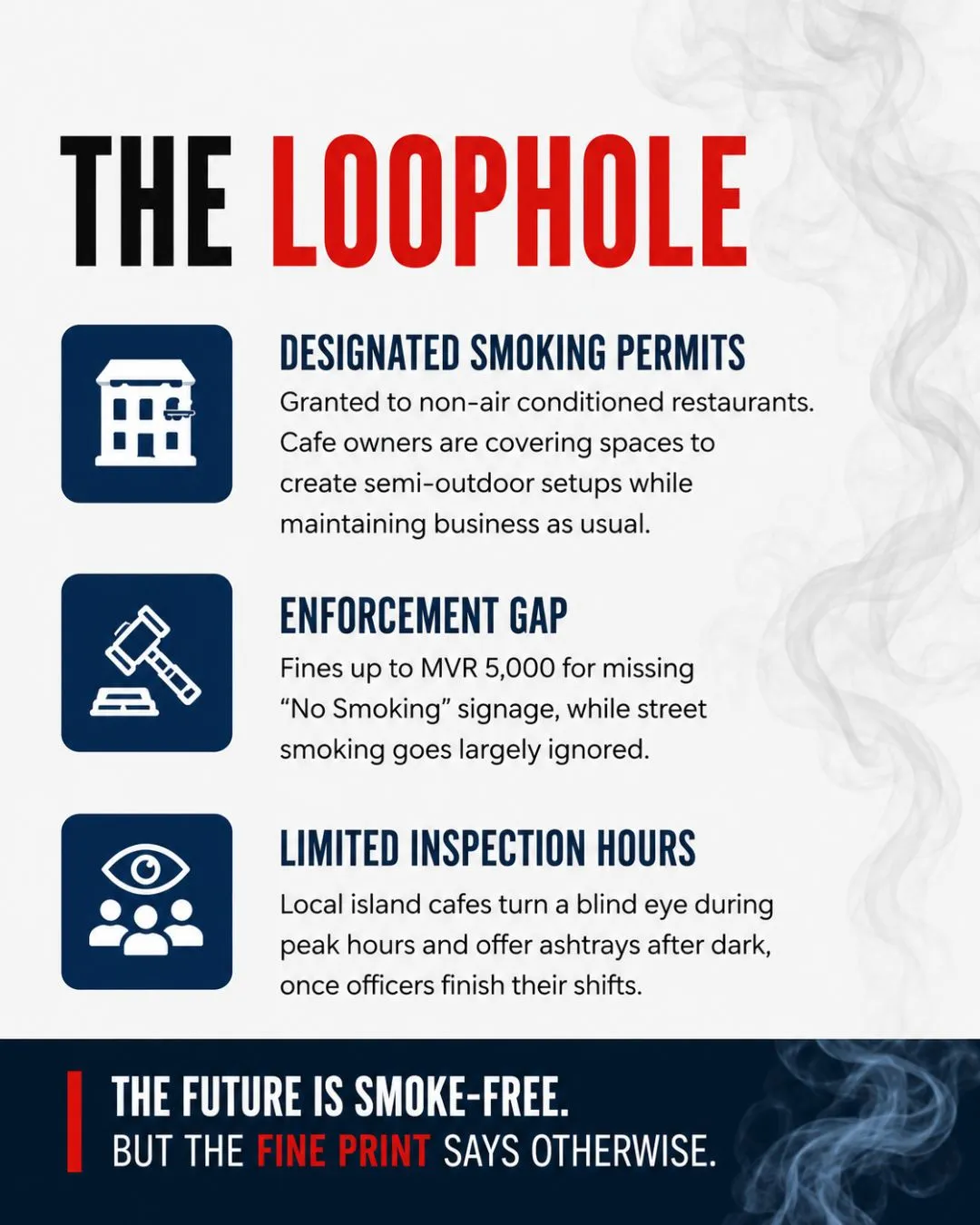 The Maldives is entering a new era of tobacco control. From stricter smoking restrictions to an outright ban on vaping, the new laws aim to create a healthier, smoke-free future.  But questions remain. Are the laws being enforced equally? Are there loopholes that could undermine their effectiveness?  Swipe through to understand more #Maldives #SmokingBan #PublicHealth