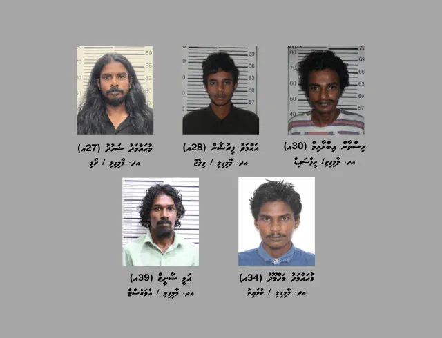 މާމިގިލީގައި ފުލުހުން އިއްޔެ ހިންގި އޮޕަރޭޝަނުގައި މަސްތުވާތަކެއްޗާއިއެކު ހައްޔަރުކުރެވުނު ފަސް މީހުން. ފޮޓޯ/ ދިވެހި ފުލުހުންގެ ހިދުމަތް