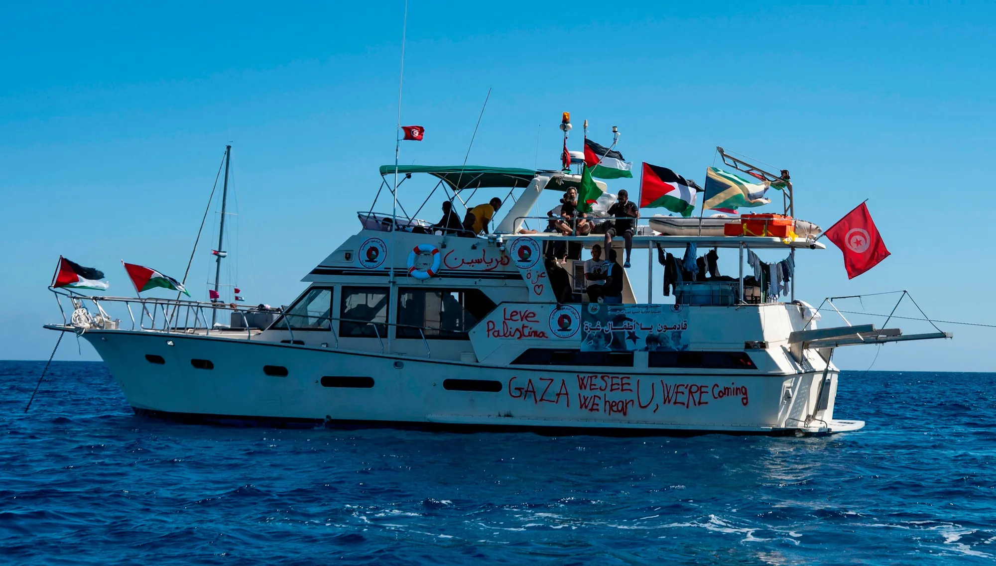 A boat that is part of the Global Sumud Flotilla to Gaza is seen not far from Crete, on Sept. 26, 2025. (Photo/Eleftherios Elis/AFP via Getty Images)