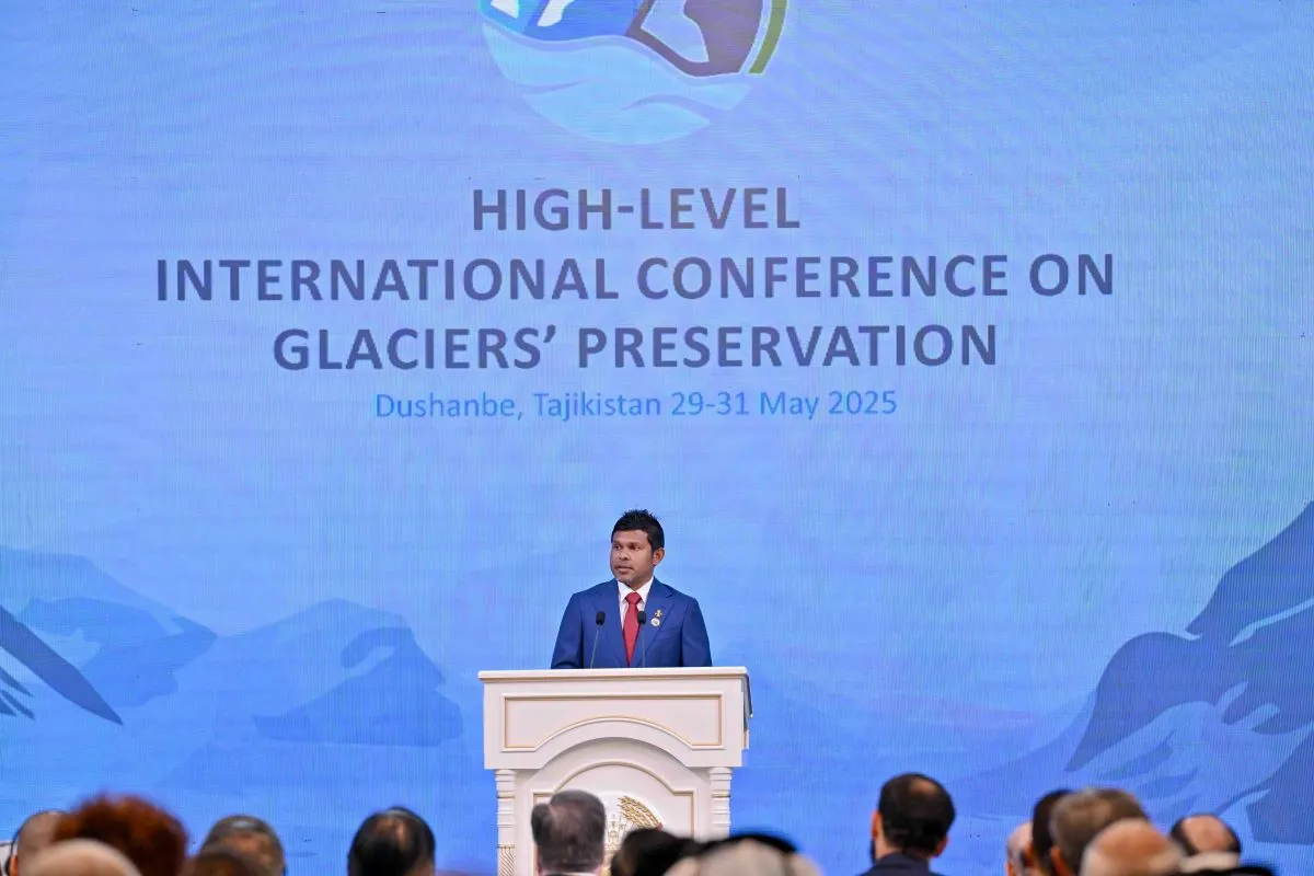Vice President Hussain Mohamed Latheef speaking at the  High-Level International Conference on the Preservation of Glaciers, held in Dushanbe, Tajikistan (Photo/President's Office)