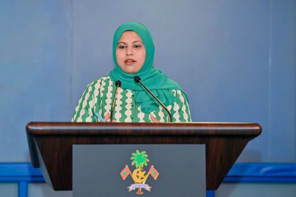 Chief Spokesperson at the President's Office, Heena Waleed, speaking at Monday's conference (Photo/President's Office)