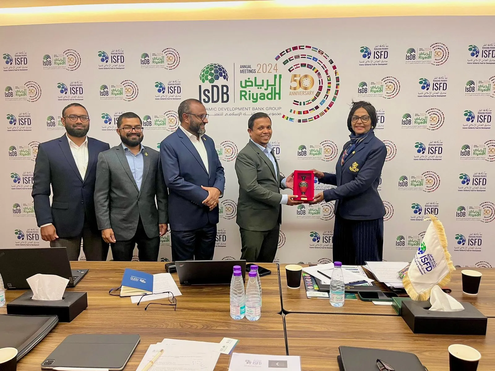 Finance Minister Dr. Mohamed Shafeeq, Minister of Islamic Affairs Dr. Mohamed Shaheem Ali Saeed, and Minister of State for Finance Hussain Sham Adam with Dr. Hiba Ahmed, Director General of the Islamic Solidarity Fund for Development, during their visit to the Islamic Development Bank Annual Meetings 2024 in Riyadh. (Photo/ Finance Ministry)