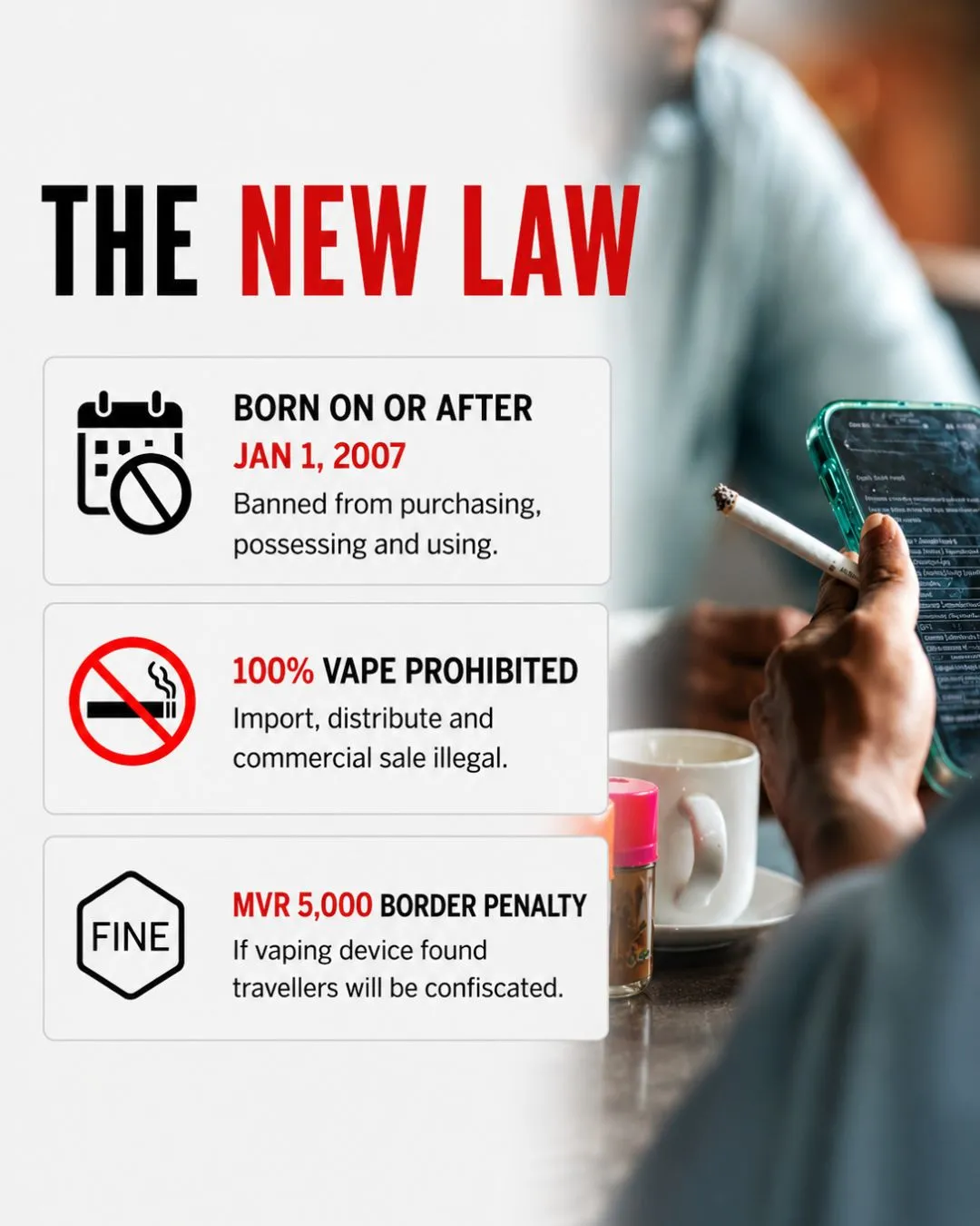 The Maldives is entering a new era of tobacco control. From stricter smoking restrictions to an outright ban on vaping, the new laws aim to create a healthier, smoke-free future.  But questions remain. Are the laws being enforced equally? Are there loopholes that could undermine their effectiveness?  Swipe through to understand more #Maldives #SmokingBan #PublicHealth