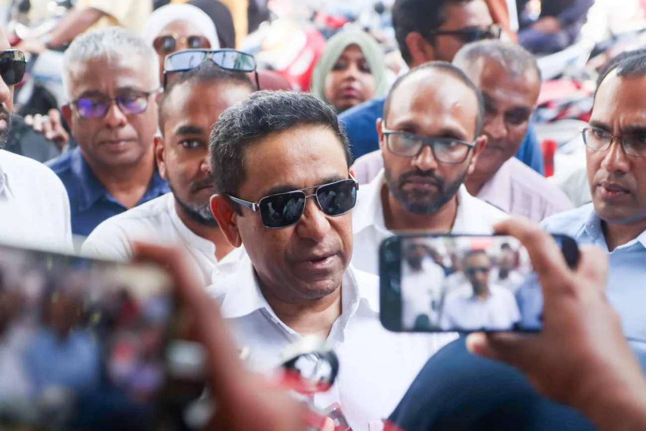Former President Yameen speaking to press post voting