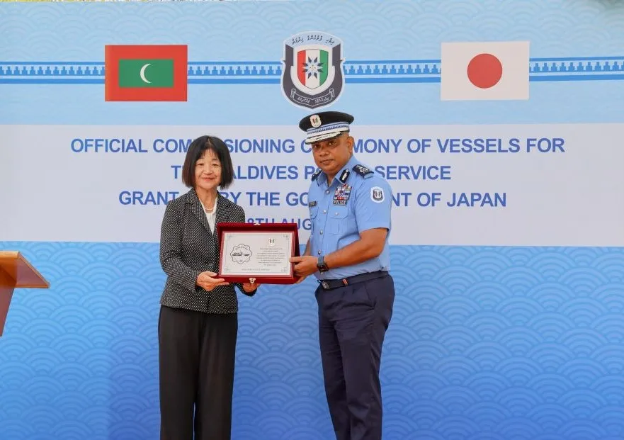 Japanese Ambassador to the Maldives, Ishigami Rumiko handing over the vessels to Commissioner of Police Ismail Naveen (Photo/MPS)
