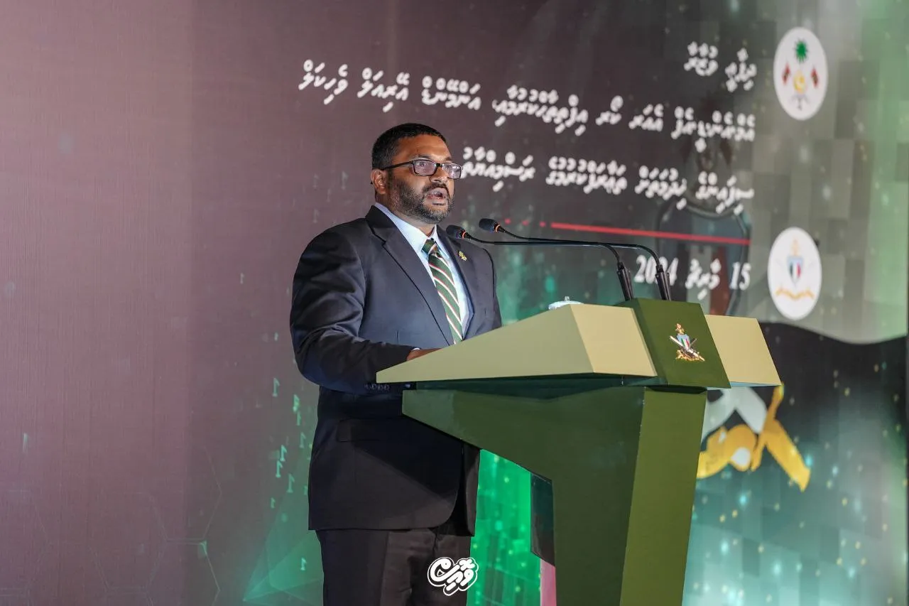 Defense Minister Ghassan Maumoon speaking at the inauguration of MNDF Air Corps (Photo/Voice)