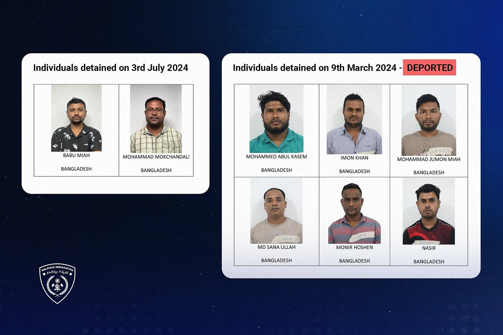 ގަވާއިދާ ޚިލާފަށް ވިޔަފާރިކޮށްގެން ހައްޔަރު ކުރެވުނު ބިދޭސީން ތަކެއް: ފޮޓޯ/ އިމިގްރޭޝަން
