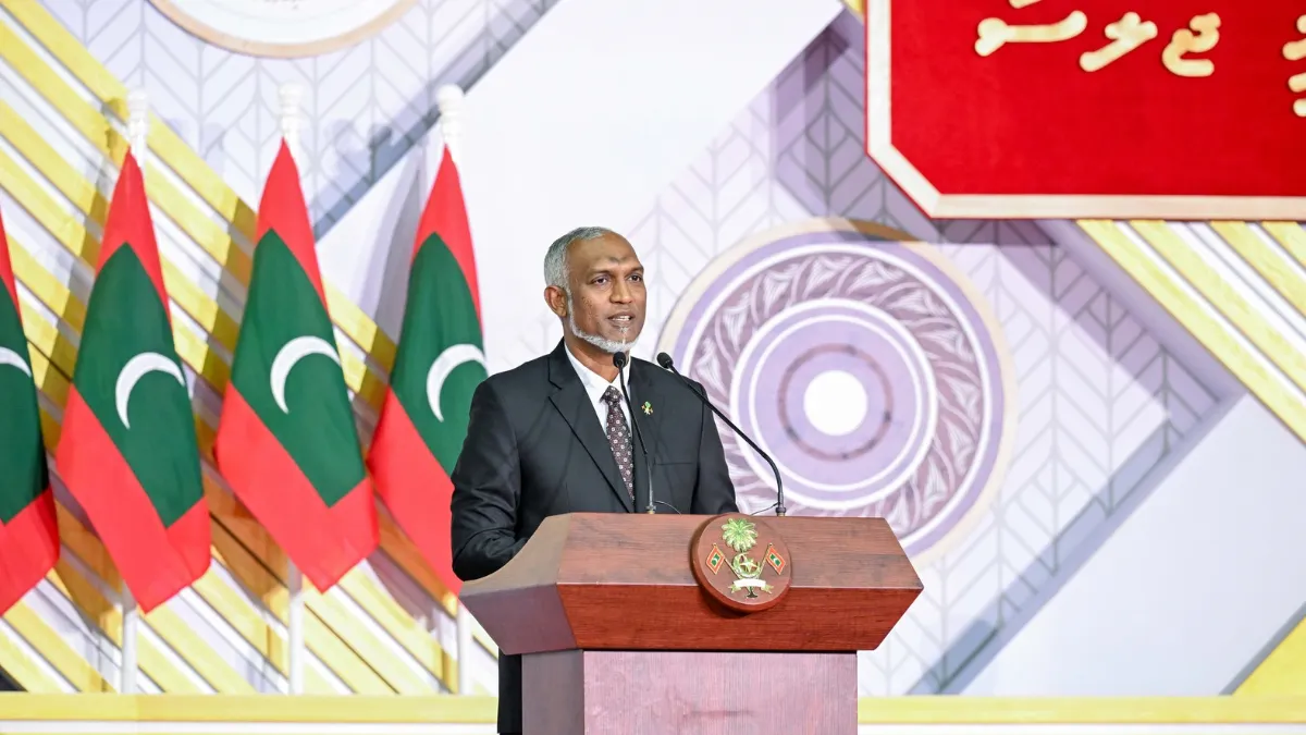 President Dr. Muizzu speaking at last night’s Independence day function (Photo/President’s Office)