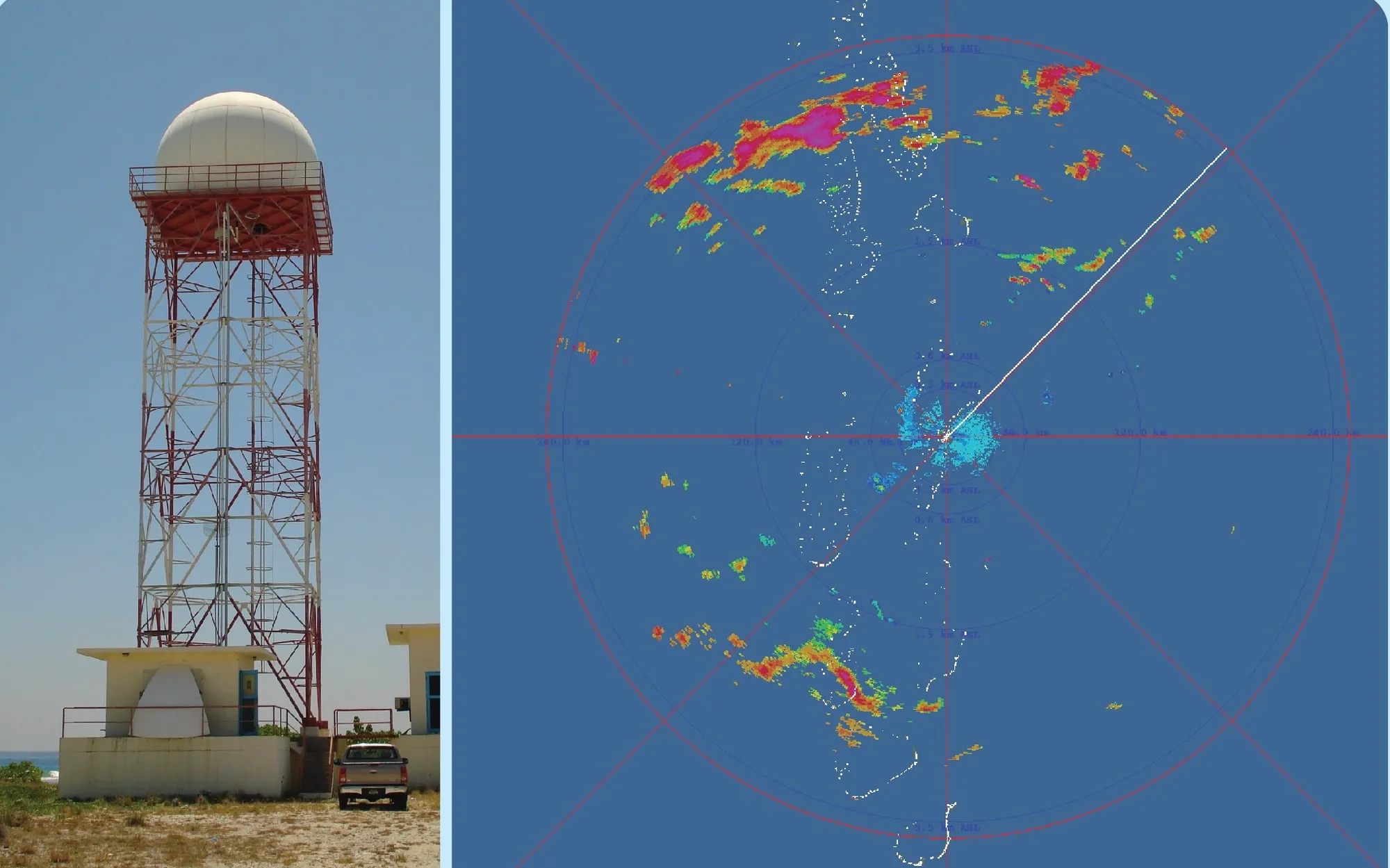 Doppler weather radar in Hulhumale’ and the area it monitors (Photo/ Maldives Meteorological Service)
