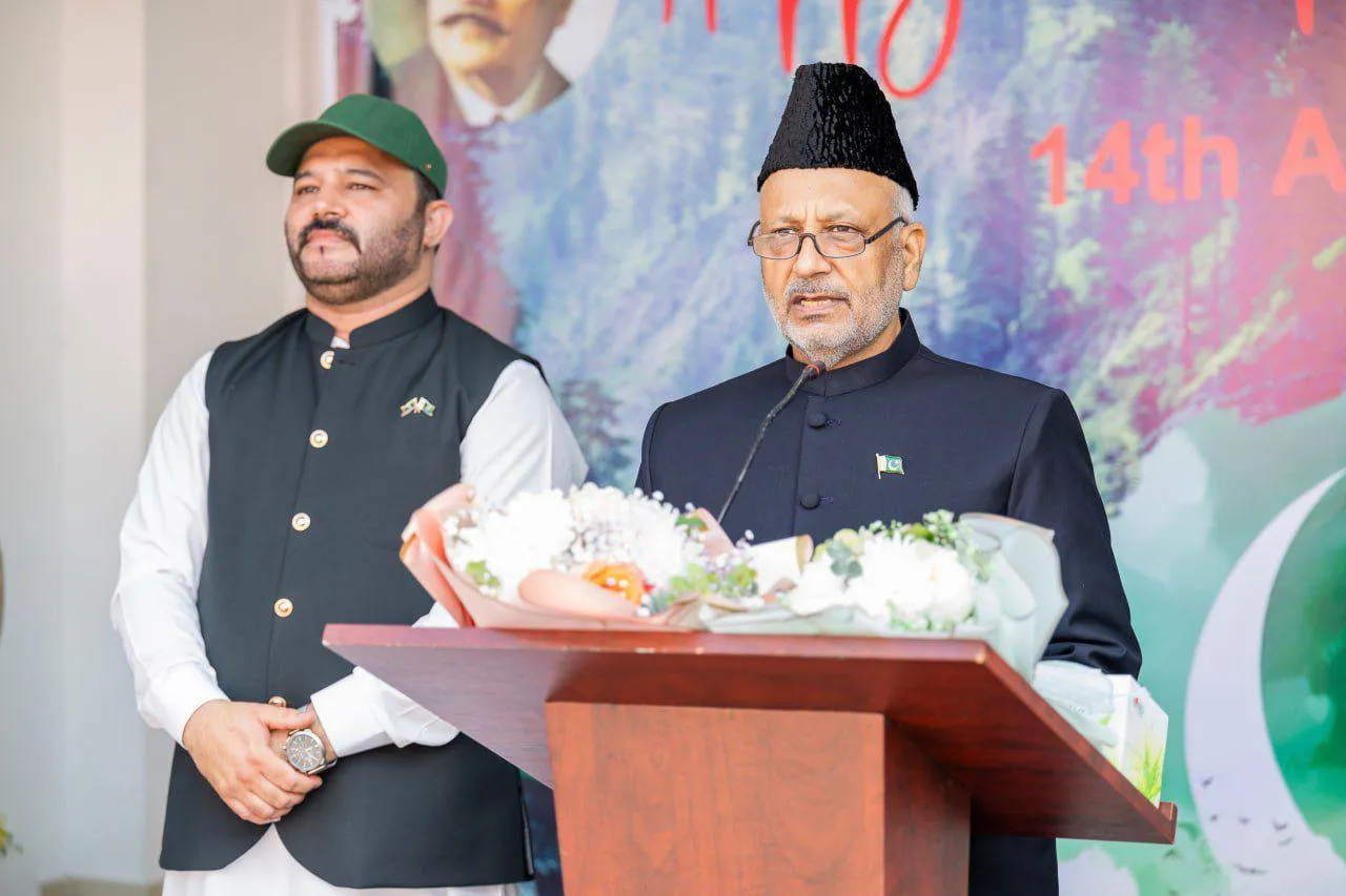 Pakistan's Ambassador to the Maldives, Vice Admiral (Retd.) Muhammad Fayyaz Gilani speaking at the flag hoisting ceremony today (Photo/Pakistan in Maldives via X)