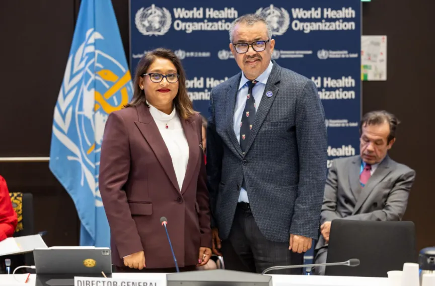 WHO Regional Director for South-East Asia, Saima Wazed (L) and WHO Director-General Tedros Adhanom Ghebreyesus (R). (Photo/WHO)