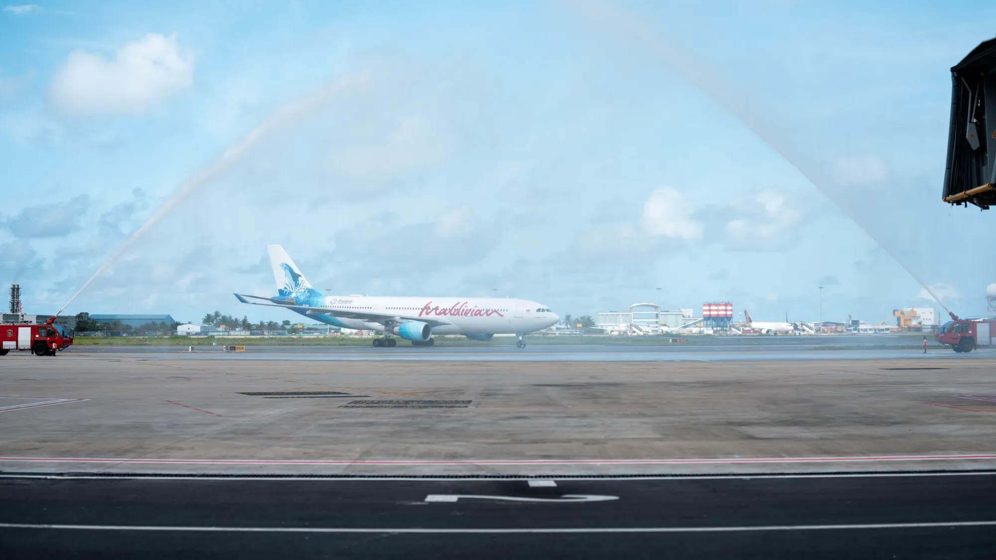 First Maldivian flight at the new terminal receiving a water salute (Photo/MACL)