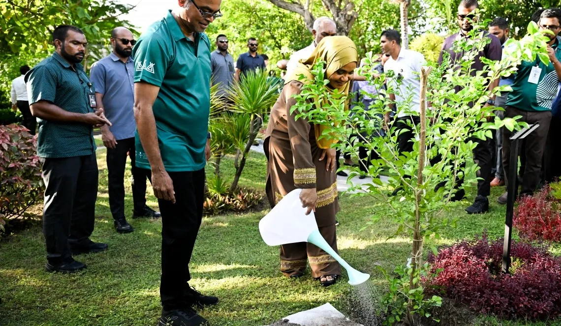 First Lady Sajidha Mohamed planting a tree during the ceremony held to launch the 5 Million Trees Plantation program (Photo/President's Office)