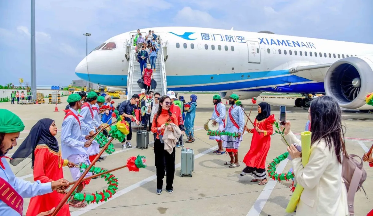 Tourists being welcomed at Velana International Airport