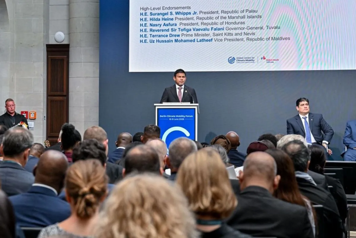 VP speaking on the Climate Mobility Principles during the Berlin Climate Mobility Forum (Photo/President's Office)