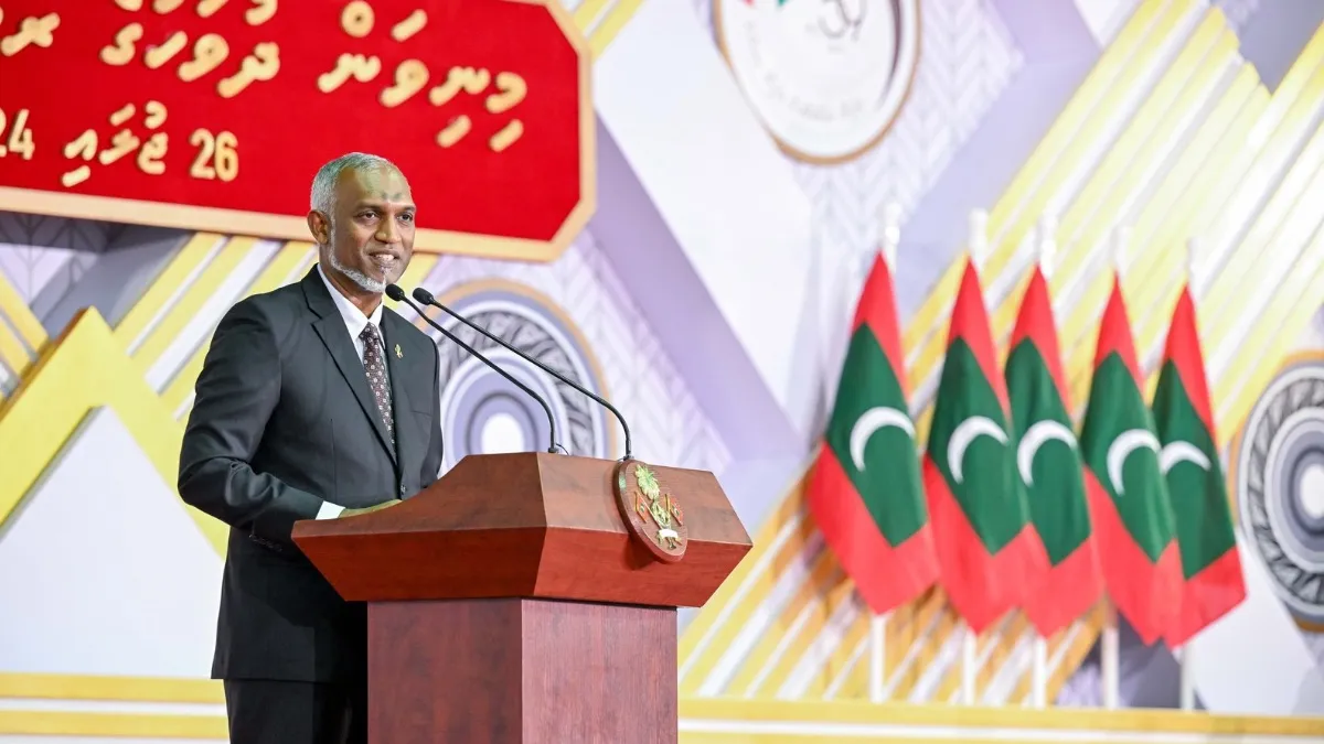 President Dr. Muizzu speaking at last night’s Independence day ceremony (Photo/President’s Office)