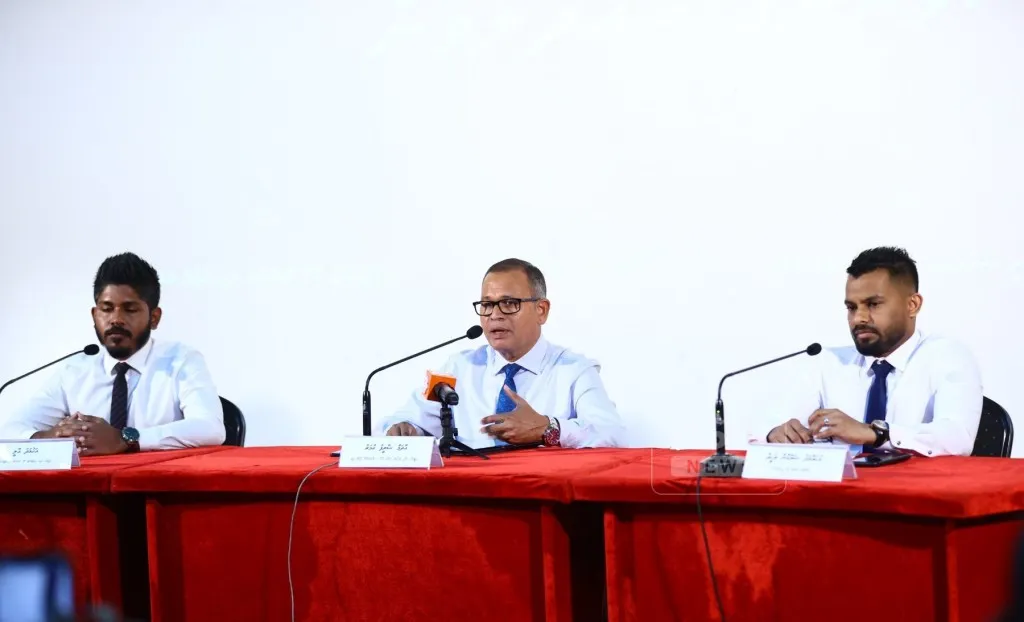 Minister of City, Local Government, and Public Works, Adam Shareef speaking at the press conference