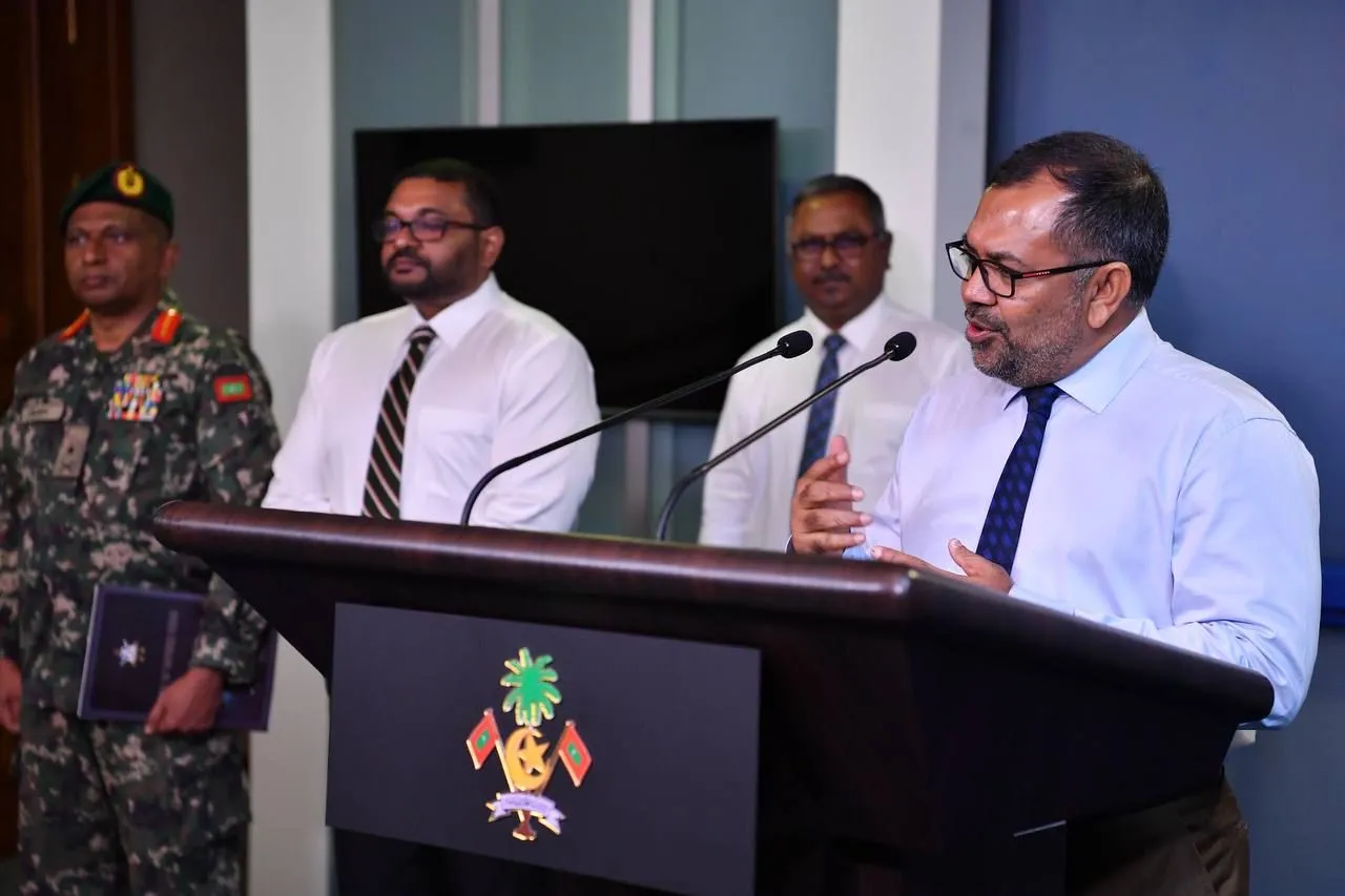 Foreign Minister Moosa Zameer during today's press conference (photo/ President's Office)