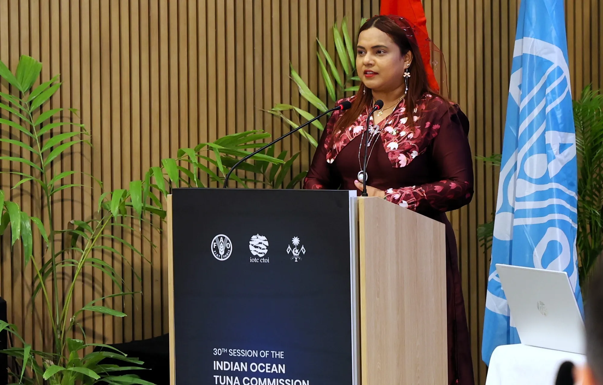 Minister of Foreign Affairs, Iruthisham Adam speaking at  opening ceremony of the 30th Session of the Indian Ocean Tuna Commission (IOTC) (Photo/Foreign Ministry)