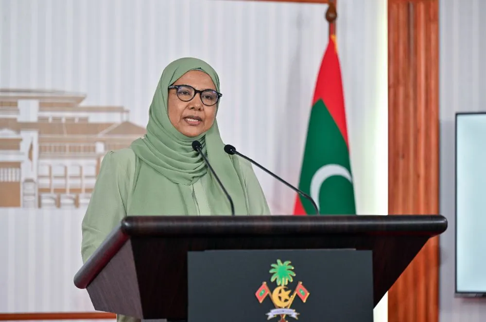 Minister Dr. Aishath Shiham speaking at a press briefing on Monday (Photo/President's Office)