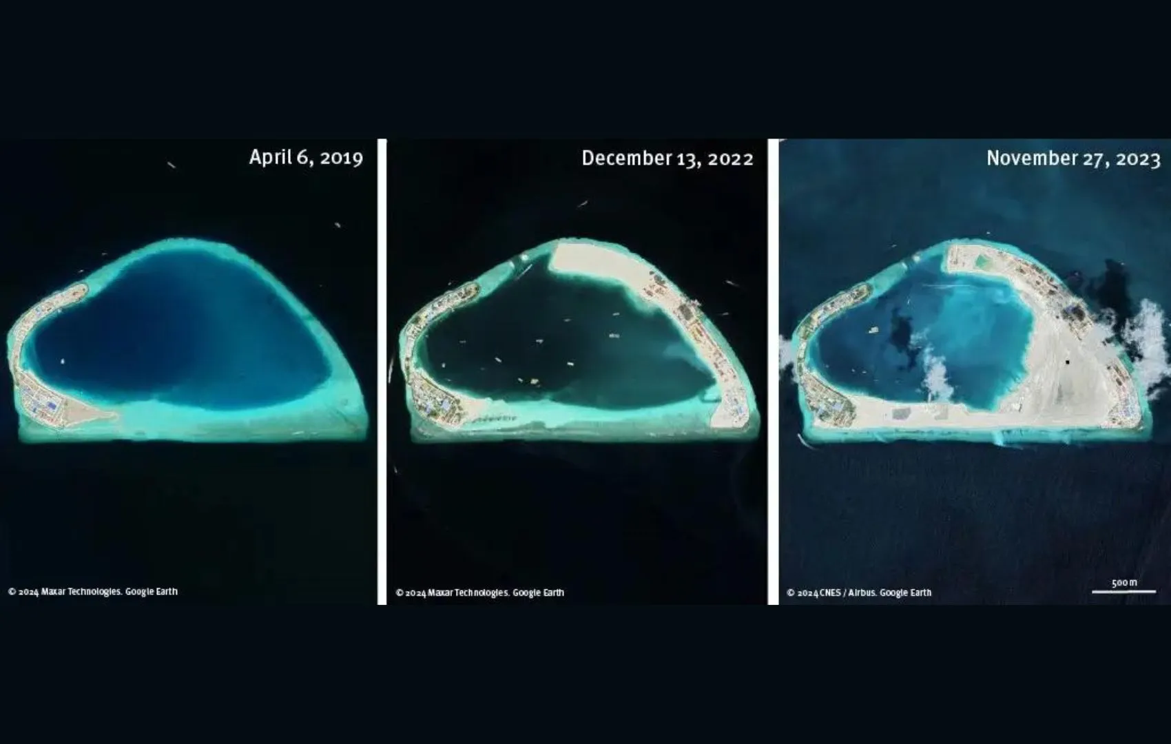 Satellite imagery from 2019, 2022, and 2023 shows the evolution of the land reclamation on the island of Gulhifalhu, Maldives. (Photo/ Maxar Technologies, CNES /Airbus, Google Earth)