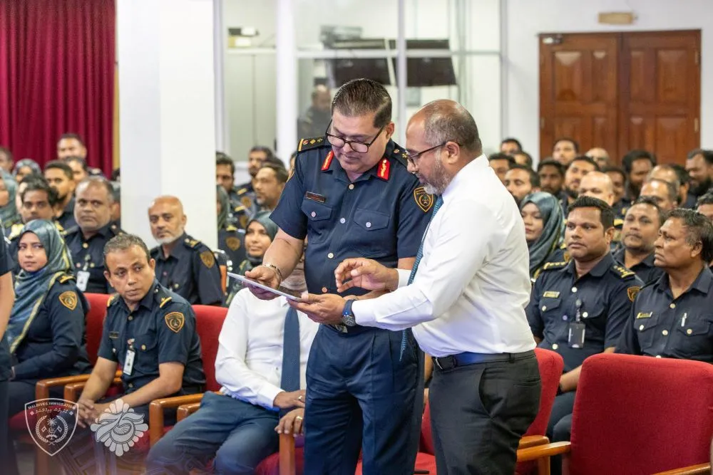 Minister of Homeland Security and Technology, Ali Ihusaan and Controller General of Immigration Ahmed Faseeh uring launch ceremony of Immigration Insights (Photo/Immigration)