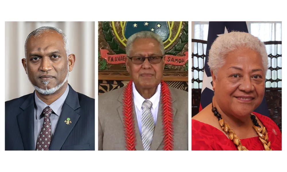 President Dr Mohamed Muizzu (Left),  Head of State of Samoa, Tuimalealiifano Vaaletoa Sualauvi II (middle) and  Prime Minister Fiamē Naomi Mata’afa (right)