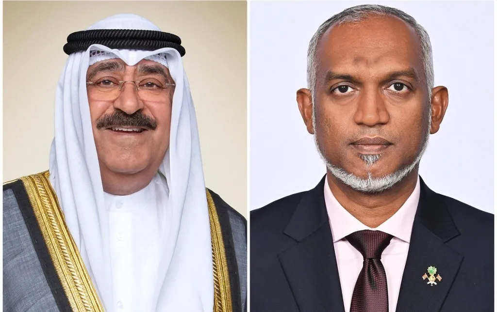 Sheikh Meshal Al-Ahmad Al-Jaber Al-Sabah, Amir of the State of Kuwait (L) and President Dr. Muizzu (R)