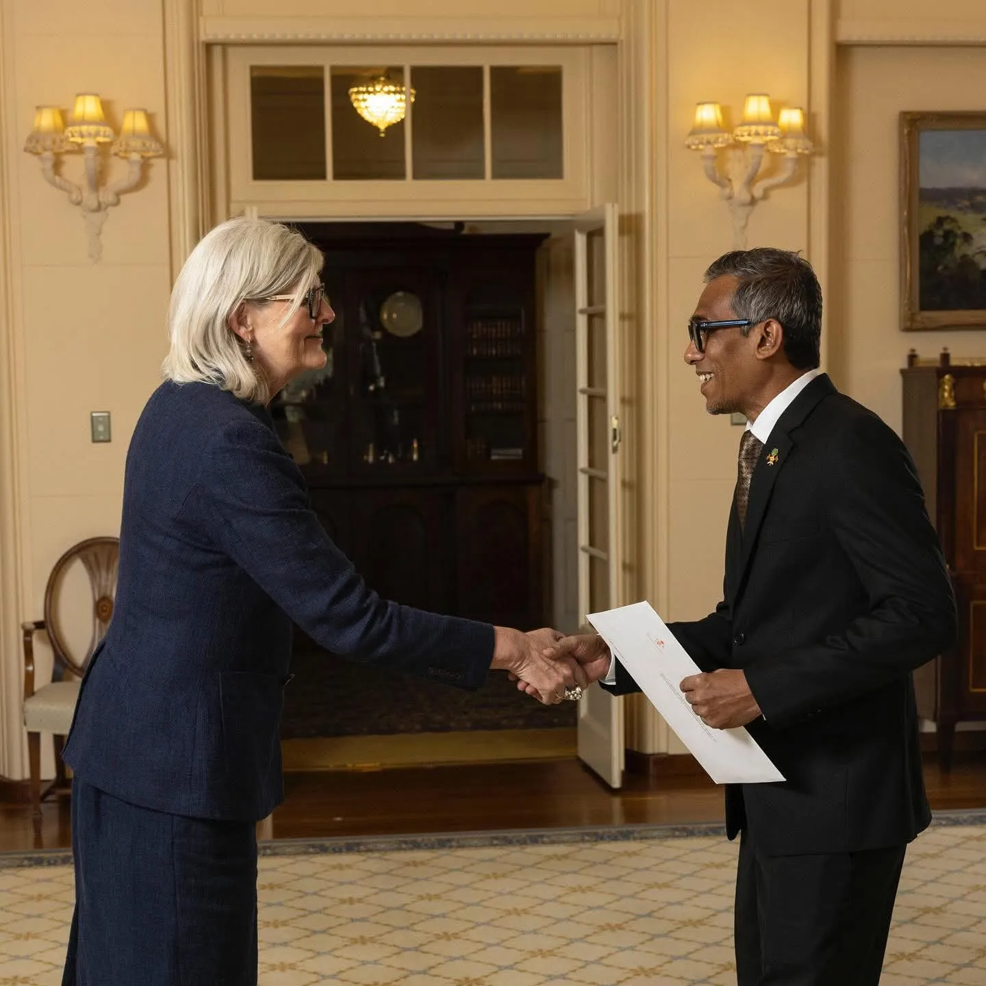 Non-Resident High Commissioner to Australia, Mohamed Luveiz presenting his Letters of Credence to the Governor-General of Australia, the Samantha Joy Mostyn AC (Photo/Foreign Minister via X)